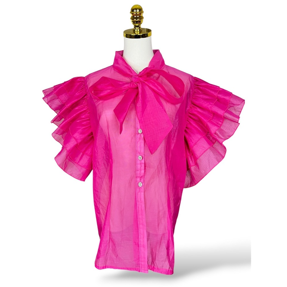 WoWo Hot Pink Sheer Ruffle Sleeve Bow Blouse Rhinestone Button Top 1XL